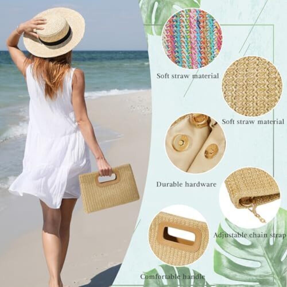 Top Handle Straw Clutch Handbags For Women, Summer Shoulder Crossbody Bag Raffia - Picture 3 of 5